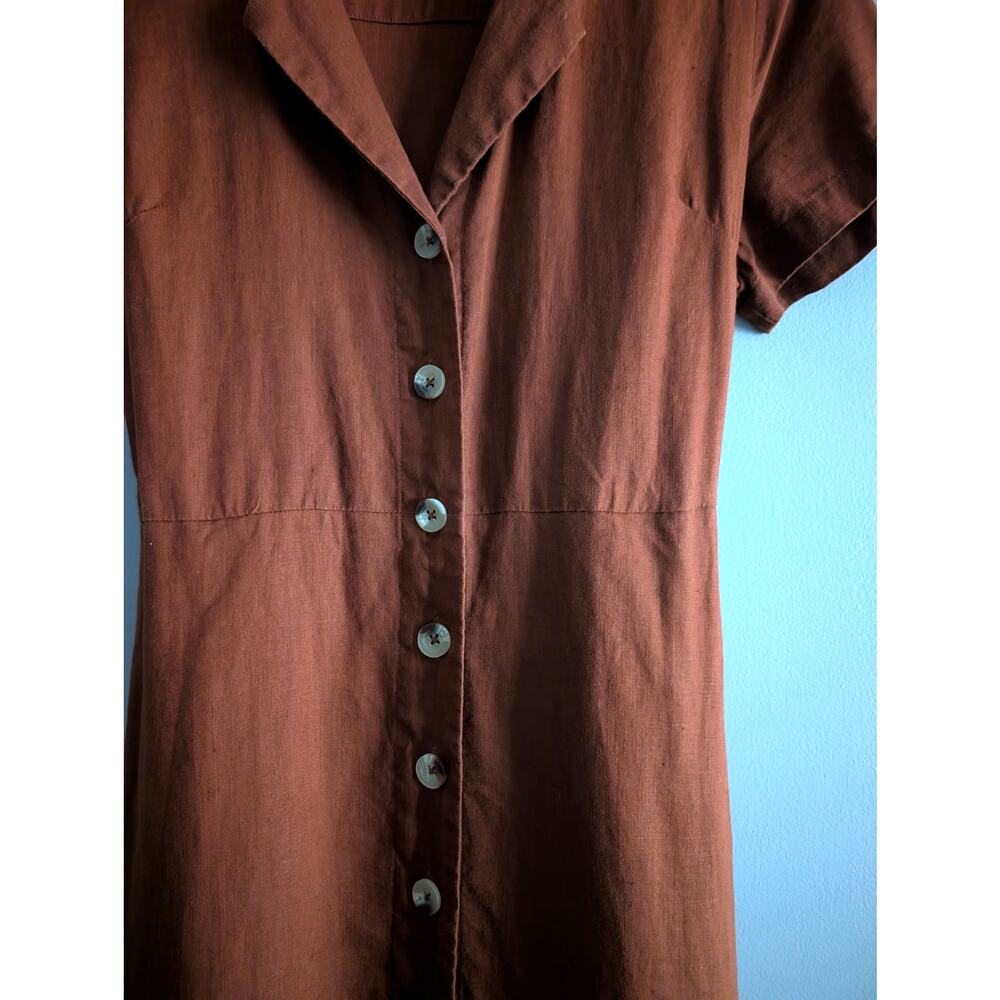 Quince 100% Linen Button Front Dress S Terracotta Rust Midi Pocket Notch Collar - Picture 7 of 16